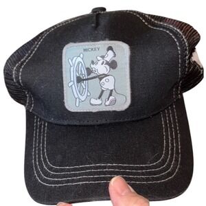 Disney Parks Mickey Mouse Steamboat Willie Hat Patch Cap‎ Black Mesh Snap Back